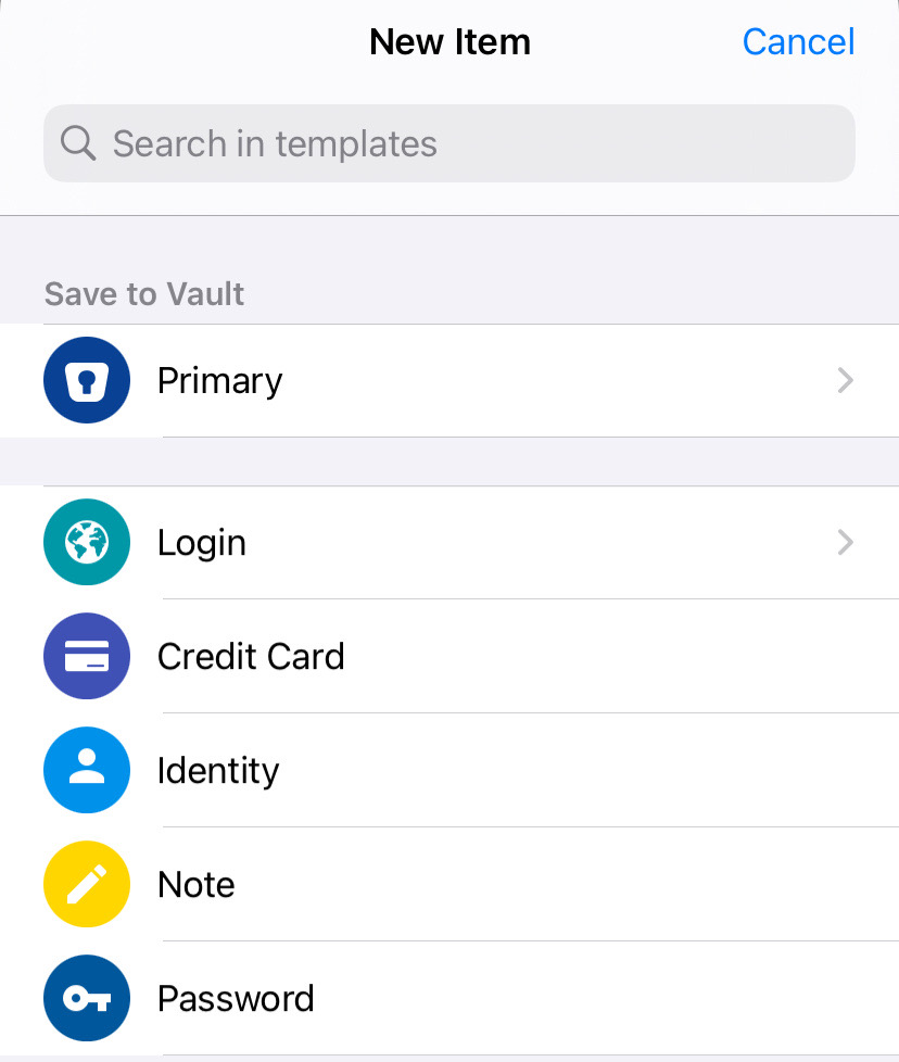 Select category to add new Item in Enpass on iOS device
